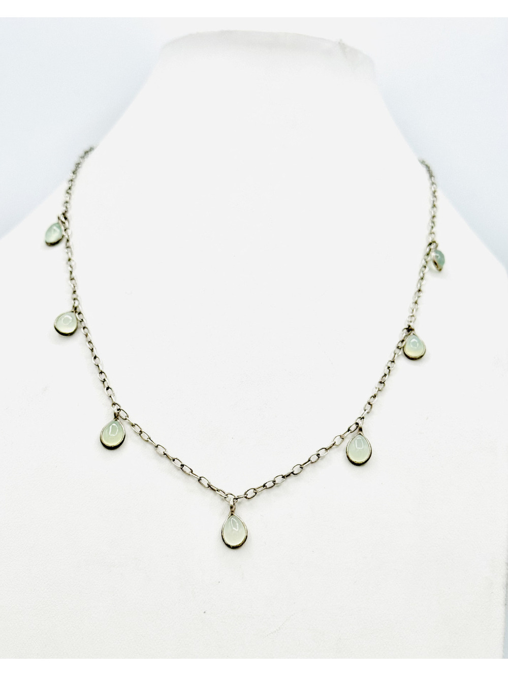 Vintage sterling silver multiple teardrop light green chalcedony charms necklace